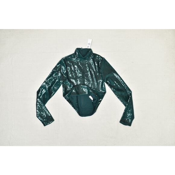 NEW EXPRESS Women's Green Sequin Mock Neck Crop Top Blouse Size XS New with Tags - Picture 3 of 8